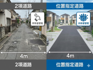 「位置指定道路」と「2項道路」の違い｜私道に面した土地のメンテナンス責任